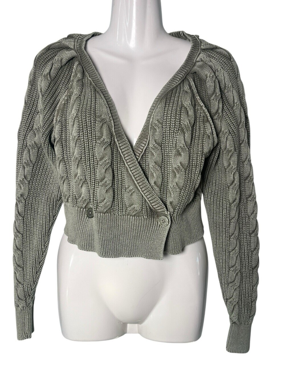 Aeri Distressed Olive Green Crop Cross Button Sweater Women’s Medium Cozy Cute